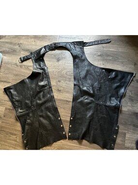 Vintage Barney’s Leathers Black Leather Motorcycle Chaps Biker Riding Pants Size